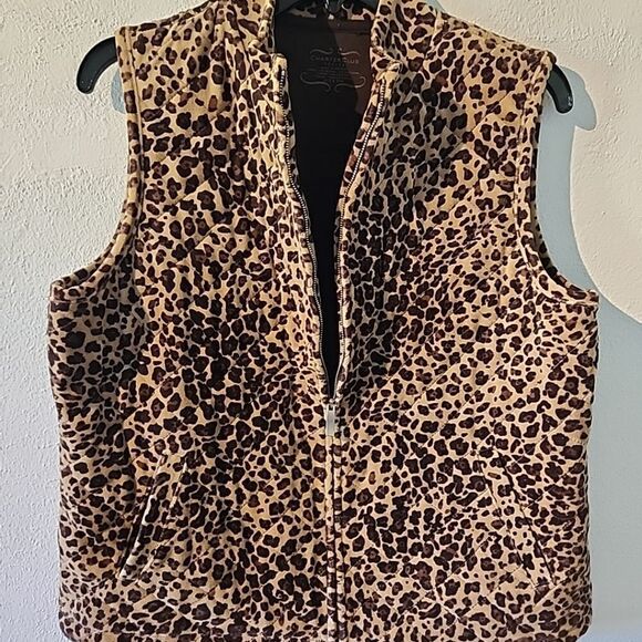 Charter Club Leopard Print Fleece Vest Brown And Beige Zip-Up Petite Size M - Picture 5 of 6